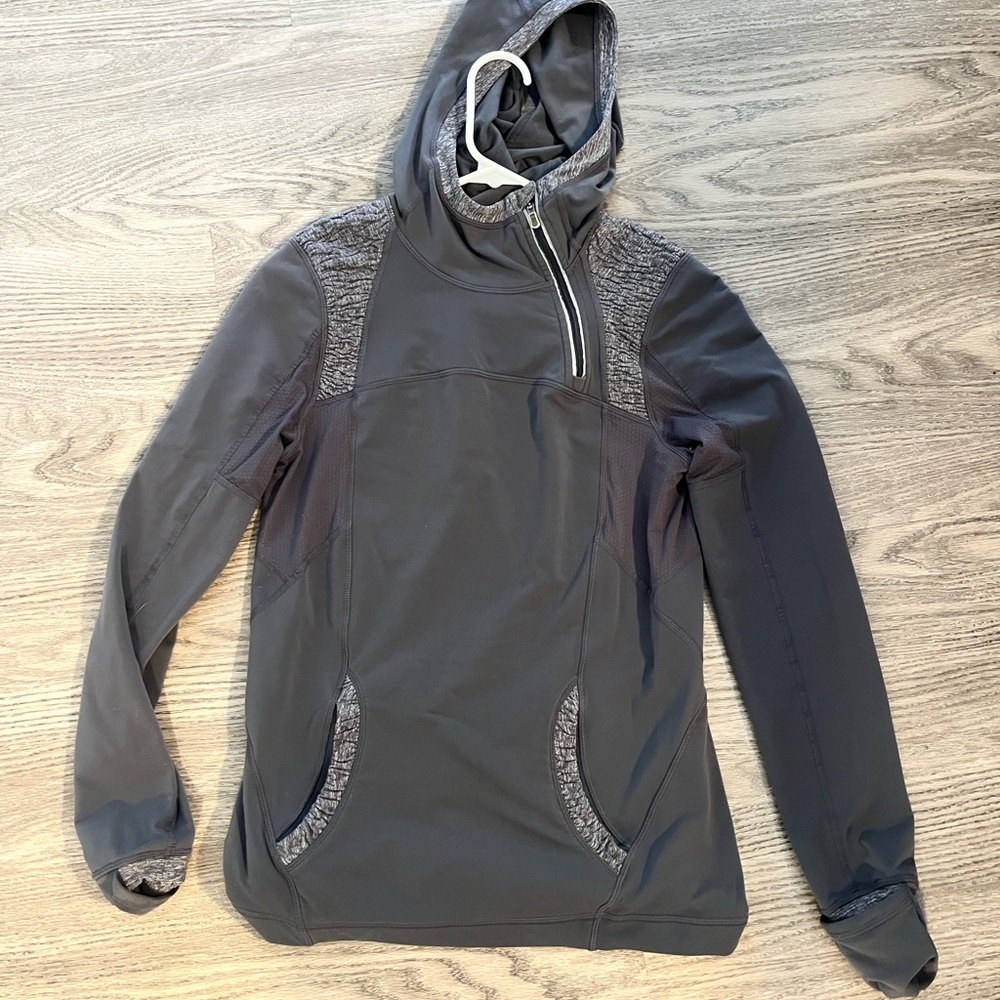 Lululemon Gray Hooded Pullover with Zipper, hand covered sleeves,back zip pocket
